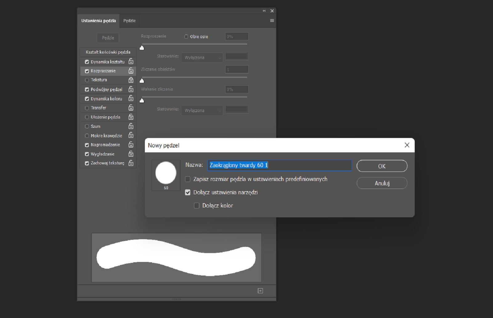 Okno dialogowe Nowy pędzel pokazujące pole nazwy i options dotyczące rozmiaru, koloru i ustawień narzędzia, z Ustawieniami pędzla w tle.