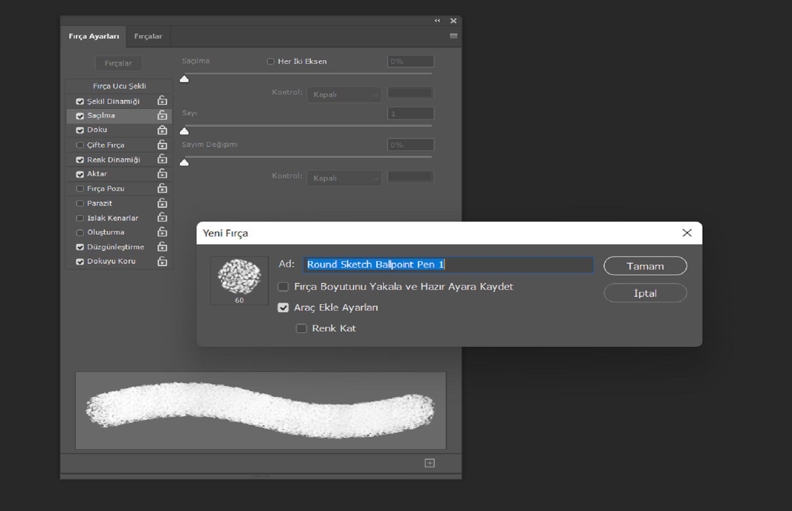 Ad alanını ve boyut, renk ve diğer araç ayarlarını dahil etme seçeneklerini gösteren Yeni Fırça iletişim kutusu ve arka planda Fırça Ayarları.