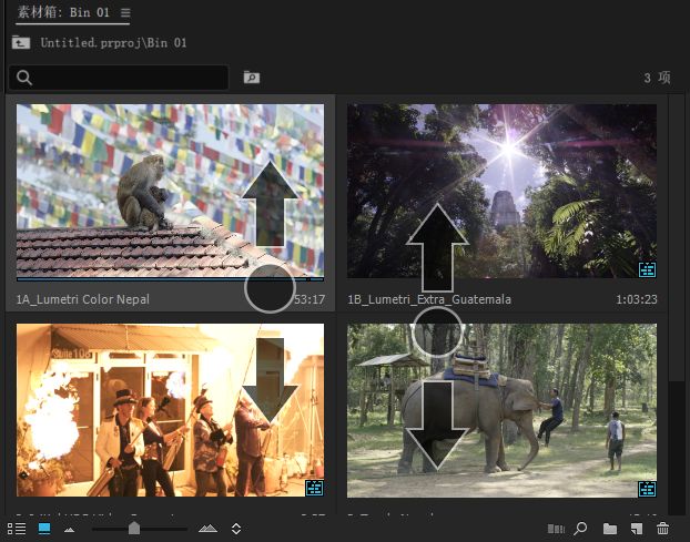 一个视频片段的屏幕截图显示了 Premiere Pro 中的视频缩略图，箭头指向上下，展示如何使用双指滑动进行滚动。
