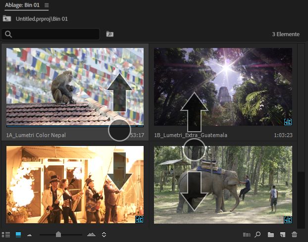 Ein Bildschirmfoto aus einem Videoclip zeigt Videominiaturen in Premiere Pro mit Pfeilen, die nach oben oder unten zeigen und demonstrieren, wie man mit einer Zwei-Finger-Wischgeste scrollt.