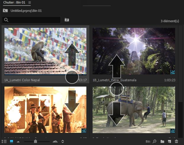Une capture d'écran d'un clip vidéo montre des miniatures vidéo dans Premiere Pro avec des flèches pointant vers le haut ou le bas, montrant comment faire défiler à l'aide d'un balayage à deux doigts.