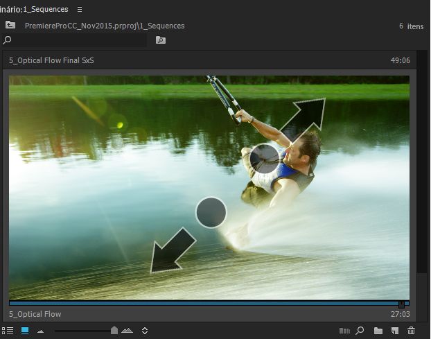 Uma captura de tela de um videoclipe é exibida com setas indicando um gesto de pinça com dois dedos para aumentar ou diminuir o zoom no painel Projeto do Premiere Pro.