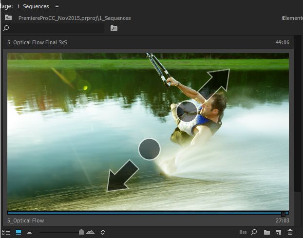 Ein Bildschirmfoto aus einem Videoclip wird mit Pfeilen angezeigt, die eine Zwei-Finger-Geste zum Zusammenziehen zum Vergrößern oder Verkleinern im Bedienfeld „Projekt“ von Premiere Pro zeigen.