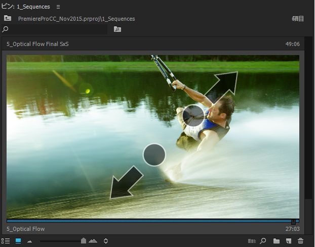 Premiere Pro のプロジェクトパネルで、ビデオクリップからのスクリーンキャプチャが、ズームインまたはズームアウトするための 2 本指のピンチジェスチャーを示す矢印と共に表示されます。