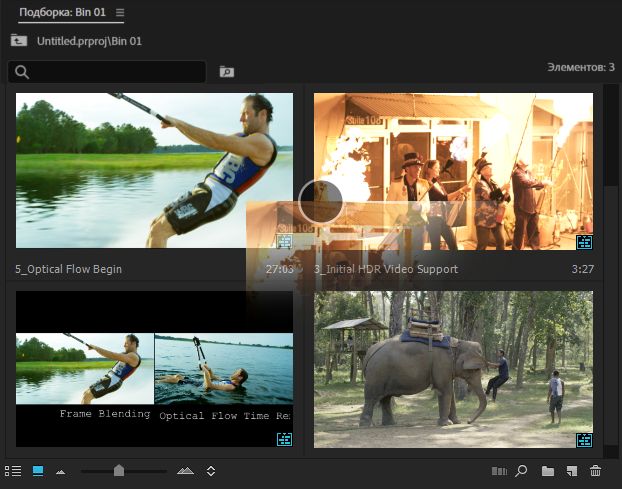 Снимок экрана из видеоклипа отображается в виде значков на панели «Проект» в Premiere Pro.