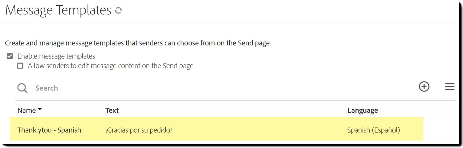 Page des modèles de message mettant en évidence un modèle nouvellement créé