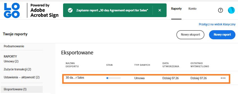 Lista eksportu podświetlająca nowo utworzony rekord raportu