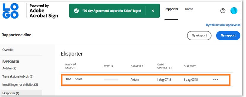 Eksportlisten uthever den nylig opprettede rapportoppføringen