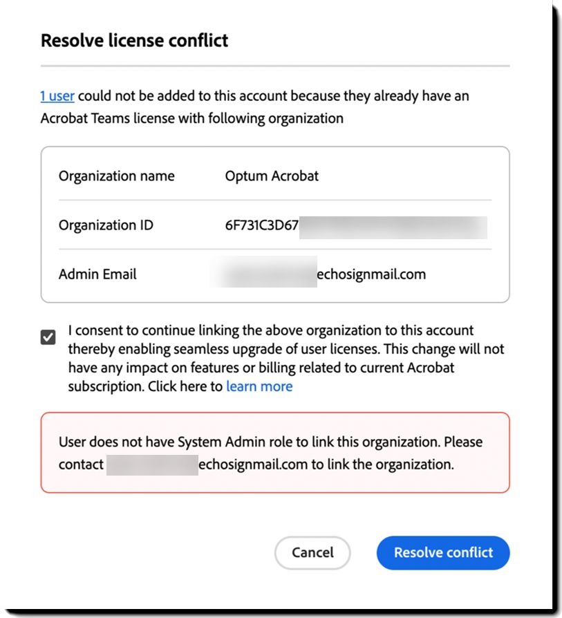 Пример ошибки в представлении «Пользователи с ошибками», когда администратор не имеет прав системного администратора в исходной организации.