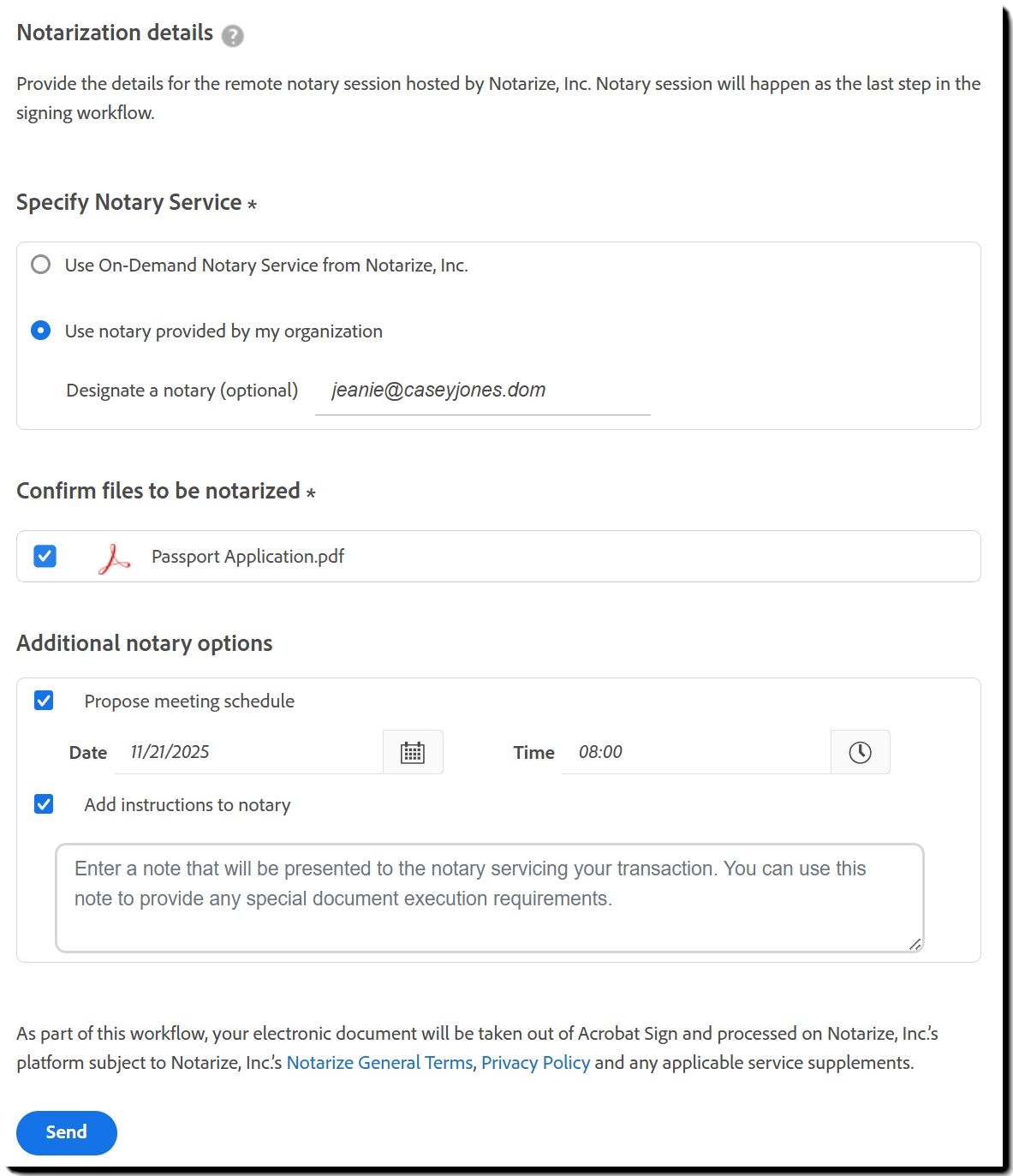 Configuración de detalles de Notarize