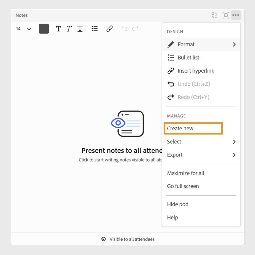 Notes pod showing the option to create a new notes pod