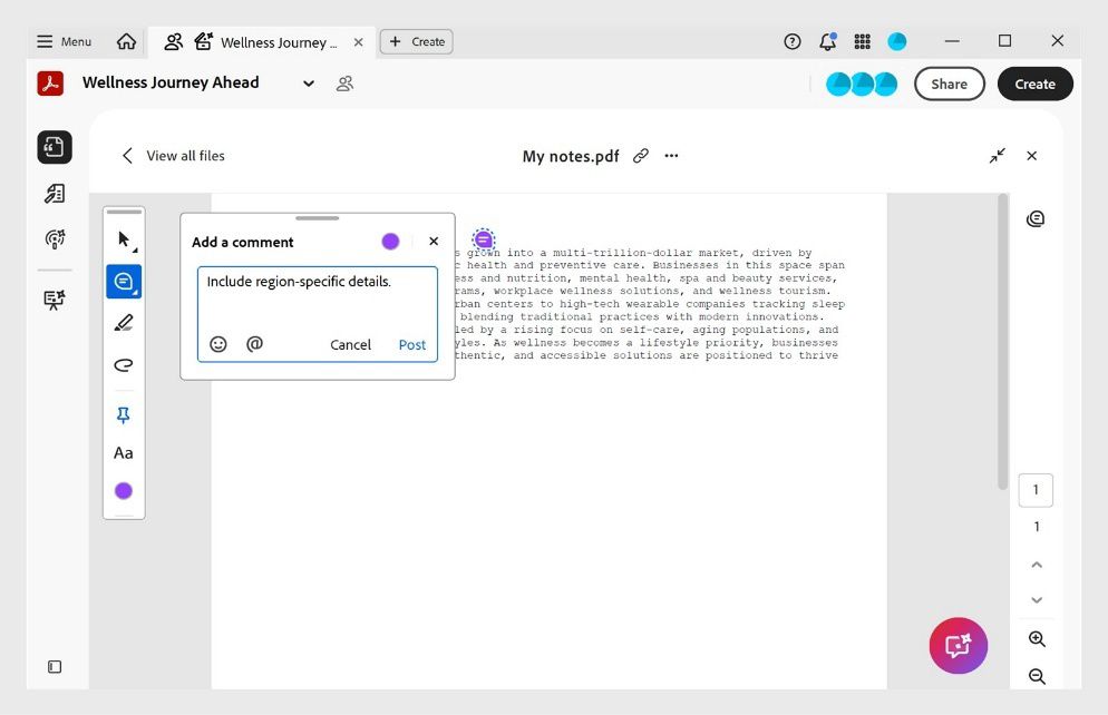 Jaetun PDF Space -tilan muistiinpanojen mukana avautuu  kommentointiruutu ja pikatoimintojen työkalurivi, jossa on kommentointityökaluja.
