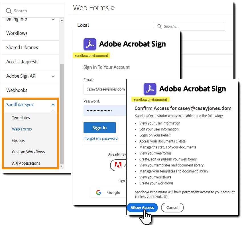 Strona zarządzania wyróżniająca menu Synchronizacja Sandbox i dwa panele uwierzytelniania OAuth