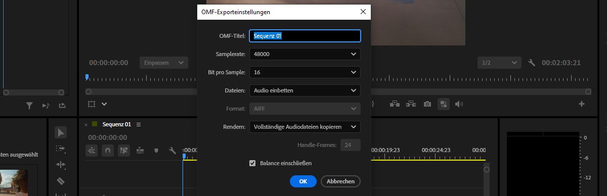 Das Dialogfeld „OMF-Exporteinstellungen“ zeigt Einstellungen für die Audioeinbettung, die Abtastrate, die Bittiefe und Optionen zum Zuschneiden von Clips an.