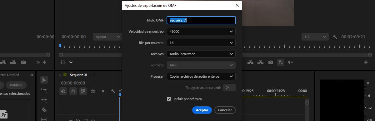 Diálogo de configuración de exportación OMF que muestra la configuración para la incrustación de audio, frecuencia de muestreo, profundidad de bits y opciones de recorte de clips.