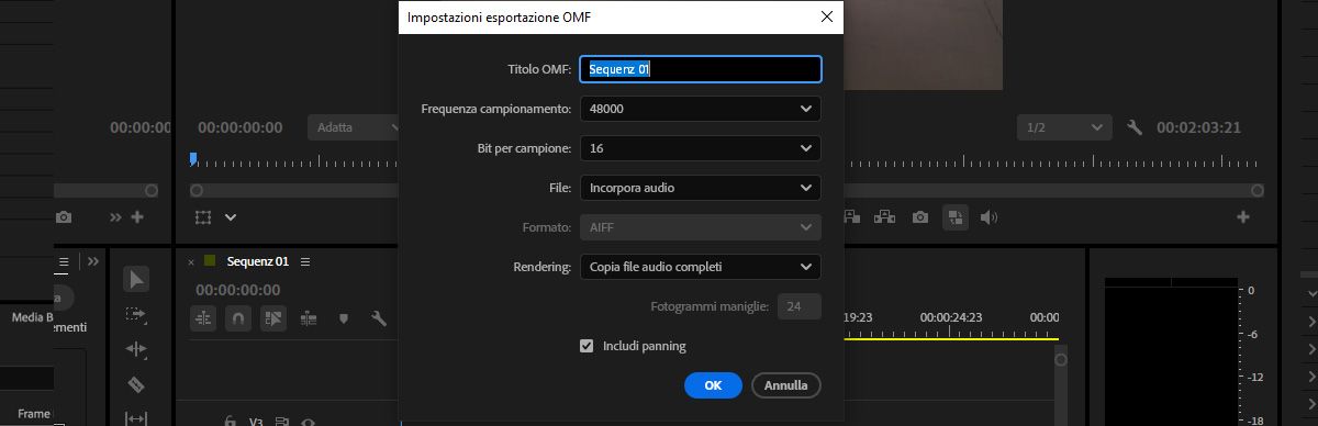 Finestra di dialogo Impostazioni esportazione OMF che mostra le impostazioni per l'incorporamento audio, la frequenza di campionamento, la profondità di bit e le opzioni di ritaglio clip.