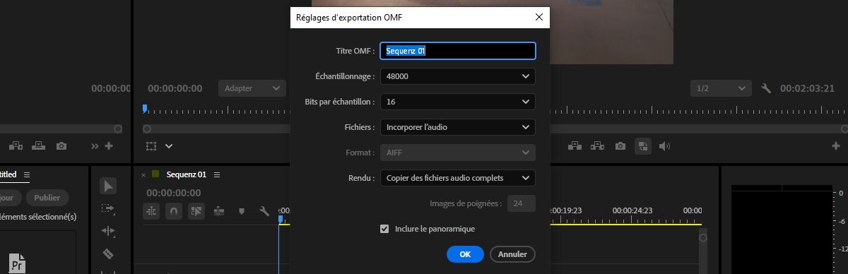 Boîte de dialogue Paramètres d'export OMF affichant les paramètres d'intégration audio, de fréquence d'échantillonnage, de profondeur de bits et d'options de rognage de clip.