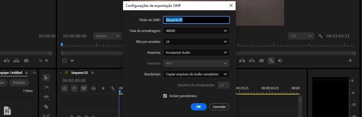Caixa de diálogo Configurações de exportação OMF exibindo configurações para incorporação de áudio, taxa de amostragem, profundidade de bits e opções de corte de clipe.