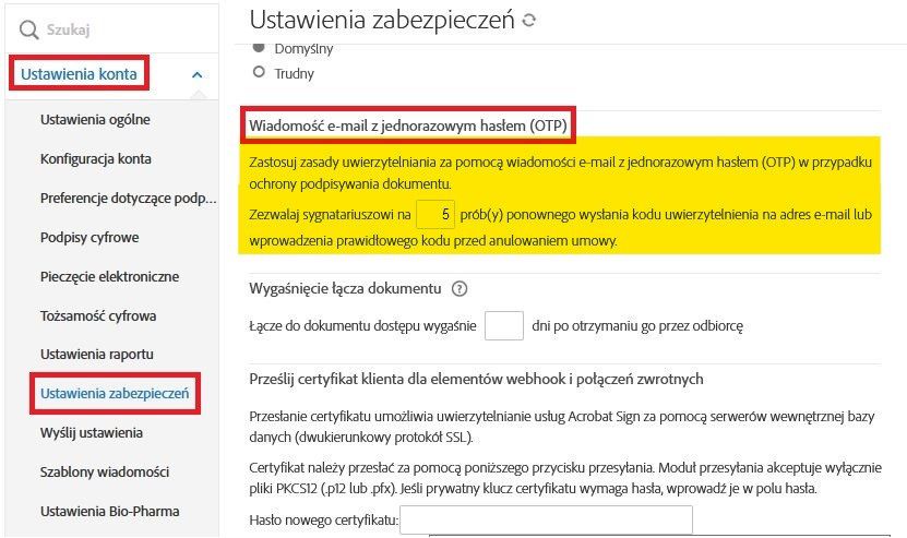 Ustawienia zabezpieczeń dla OTPvEm