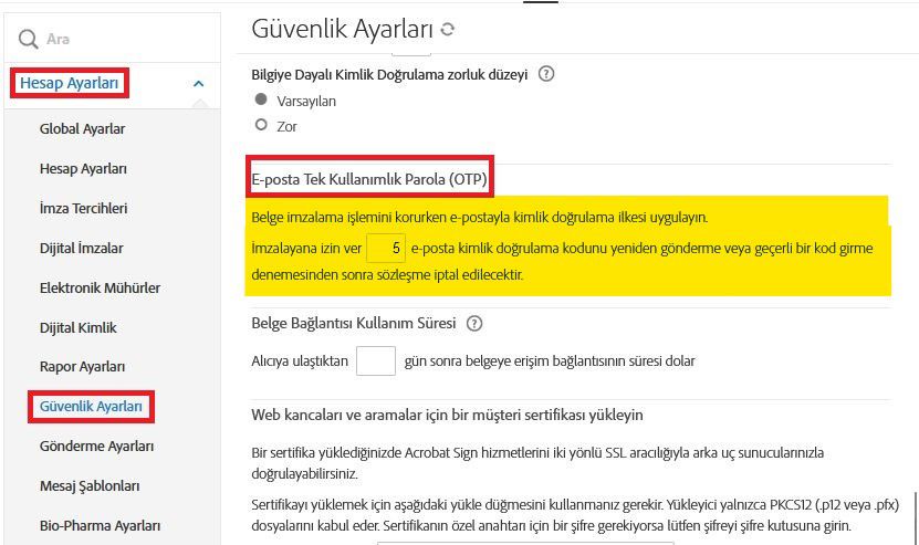 OTPvEm için güvenlik ayarları