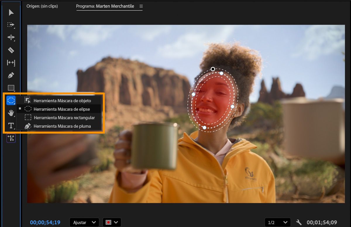 Herramientas de enmascaramiento de objetos, Rectangle, Elipse y Pluma, resaltadas en el panel Tools de premiere.
