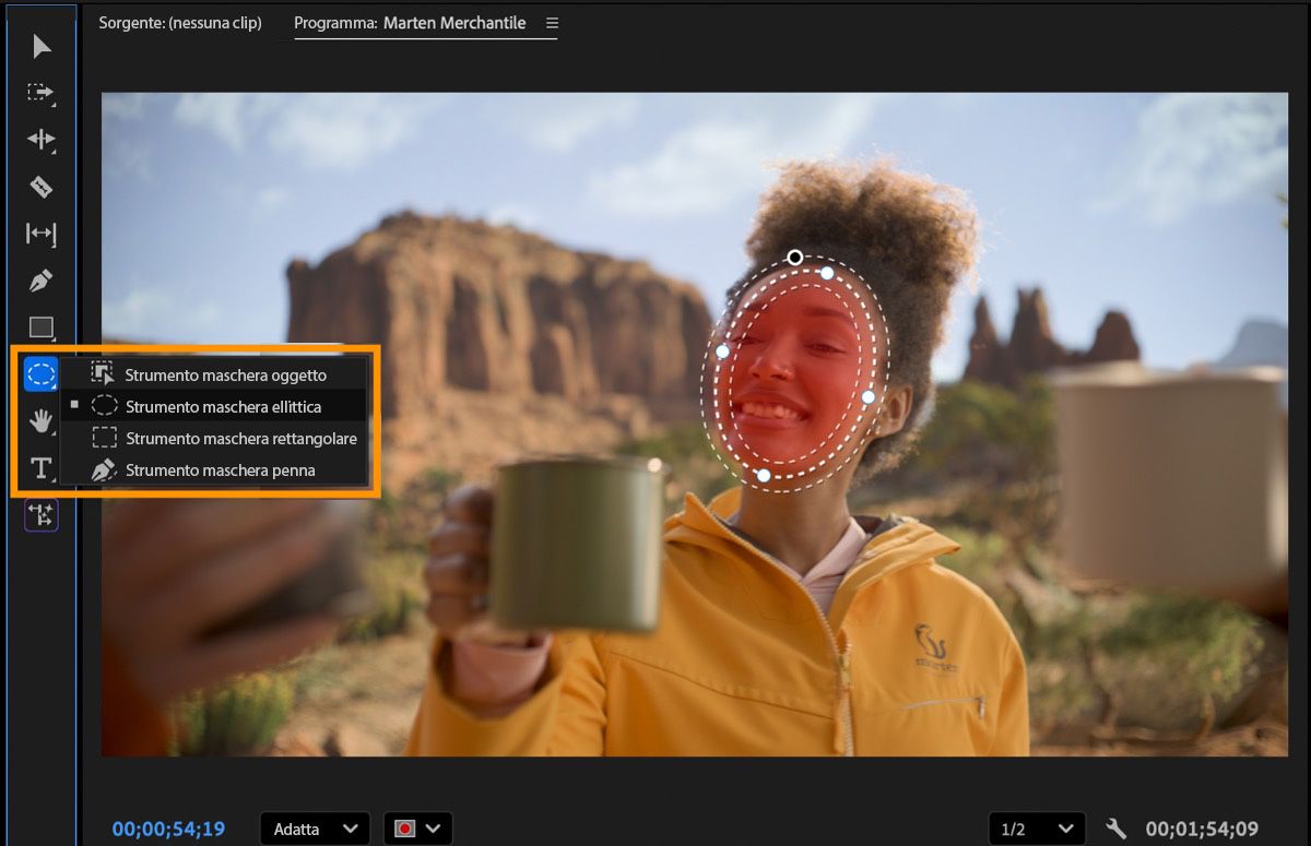 Strumenti di mascheratura oggetti, Rettangolo, Ellisse e Penna, evidenziati nel pannello Strumenti di Premiere.