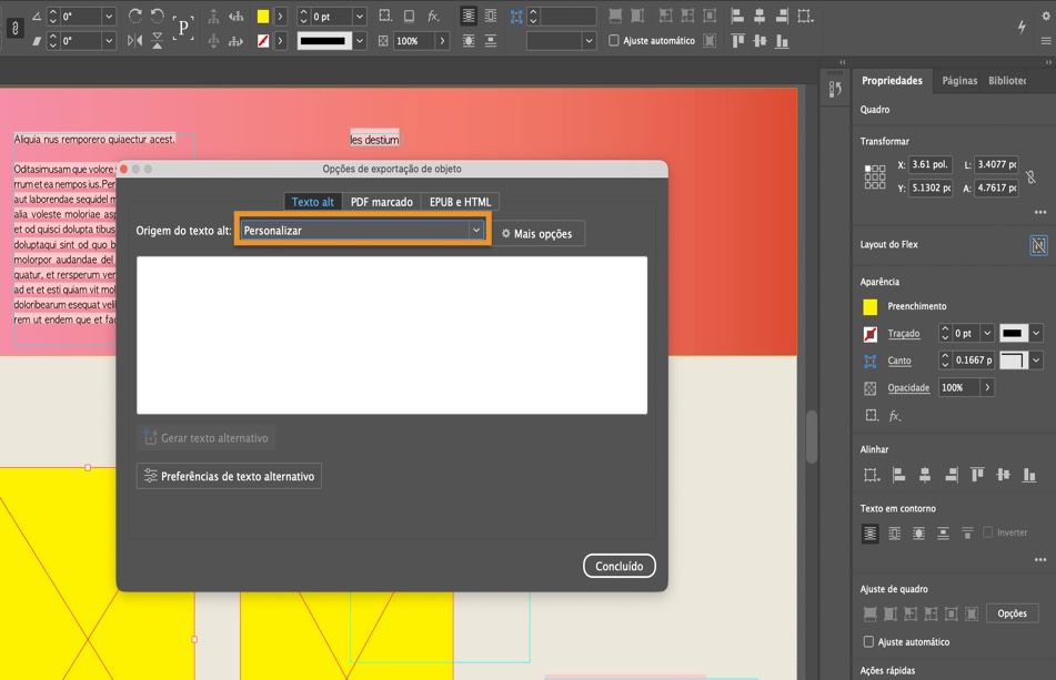 Caixa de diálogo Opções de exportação de objeto mostrando a guia Texto alternativo para adicionar texto alternativo personalizado para um gráfico.
