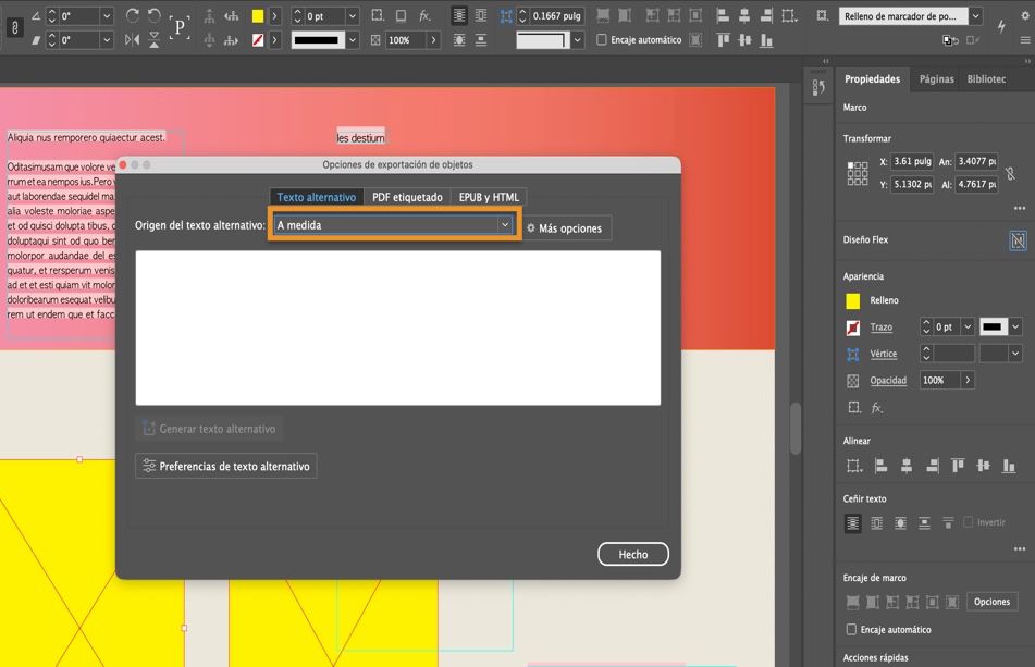 Cuadro de diálogo Opciones de exportación de objeto en el que aparece la pestaña Texto alternativo para agregar texto alternativo personalizado en un gráfico.