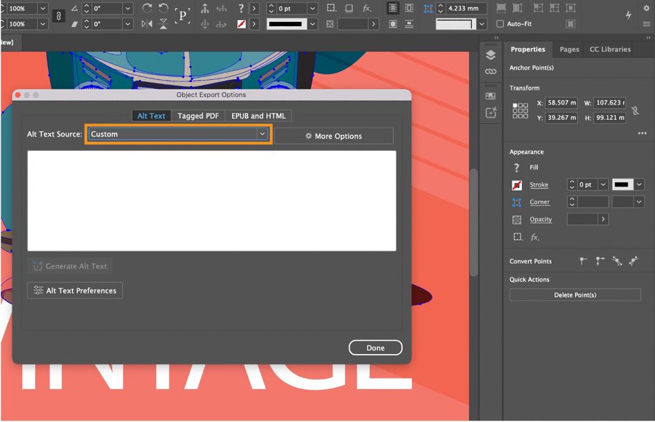 مربع حوار Object Export Options يُظهر علامة تبويب النص البديل لإضافة نص بديل مخصص Custom لرسم.