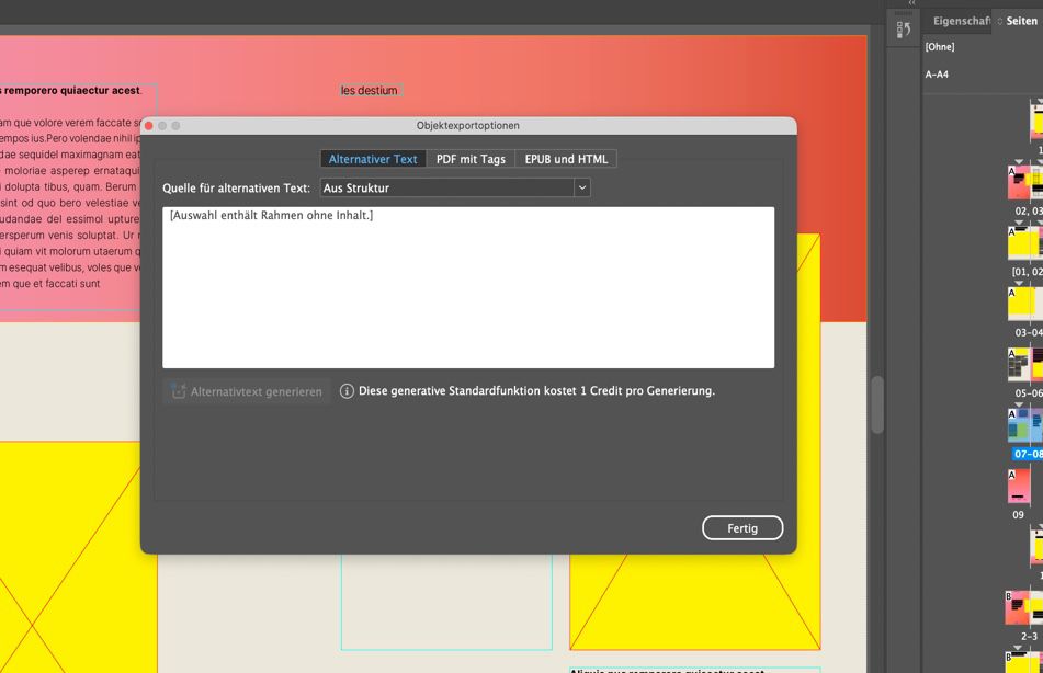 Das Dialogfeld „Objektexportoptionen“ mit der Registerkarte „Alt-Text“, auf der du benutzerdefinierten Alternativtext für eine Grafik hinzufügen kannst.
