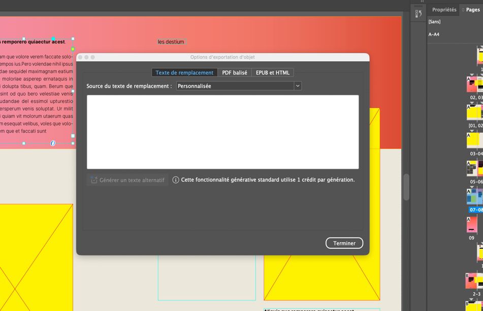 Boîte de dialogue Options d’exportation d’objet affichant l’onglet Texte alternatif pour ajouter un texte alternatif personnalisé à un élément graphique.