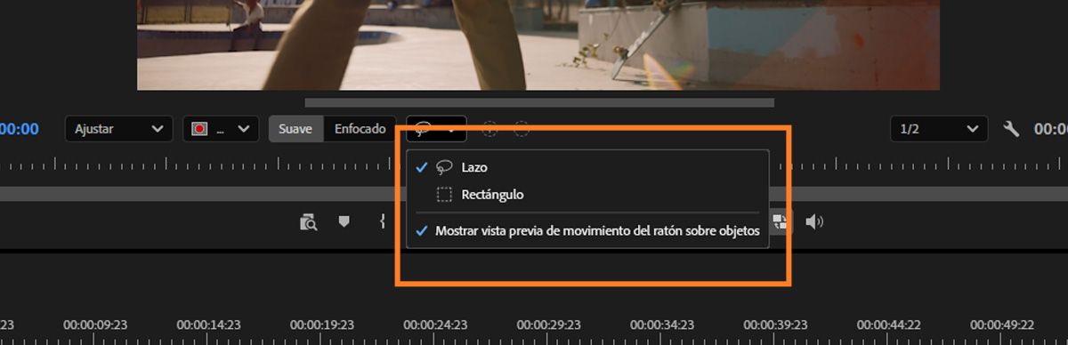 Las Herramientas Rectángulo y Lazo están resaltadas para ayudar con la selección de objetos, y la función de vista previa al pasar el cursor está activada para permitir selecciones más rápidas y precisas en el Monitor del programa.