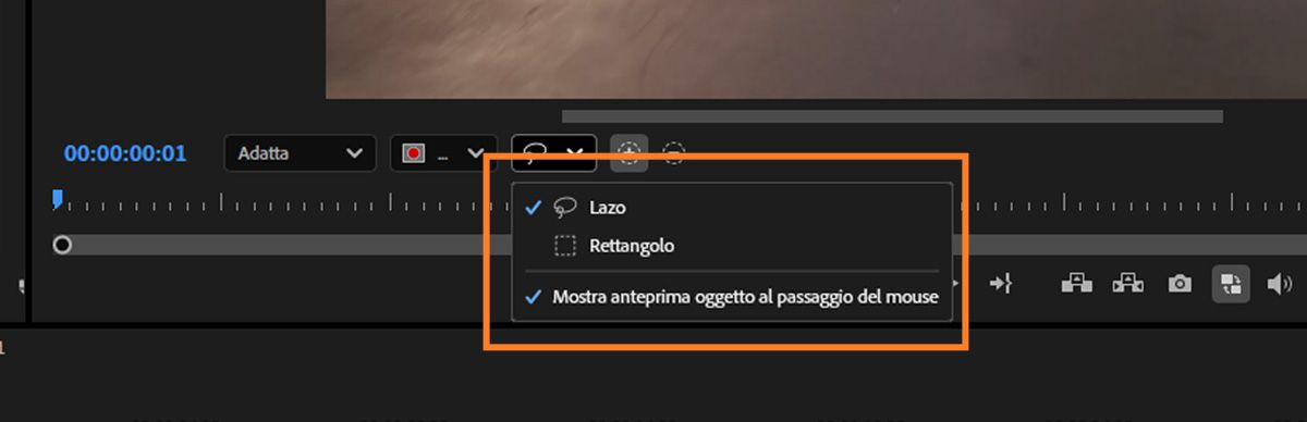 Gli strumenti Rettangolo e Lazo sono evidenziati per aiutare con la selezione degli oggetti, e la funzione di anteprima al passaggio del mouse è attivata per consentire selezioni più rapide e precise nel Monitor programma.