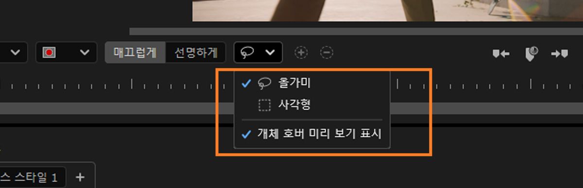 개체 선택을 돕기 위해 사각형 및 올가미 도구가 강조 표시되어 있고, 프로그램 모니터에서 더 빠르고 정확한 선택을 위해 호버 미리 보기 기능이 켜져 있습니다.