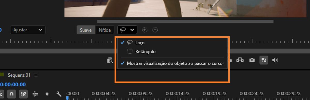 As ferramentas Retângulo e Laço são destacadas para ajudar na seleção de objetos, e o recurso de visualização ao passar o mouse está ativado para permitir seleções mais rápidas e precisas no Monitor do programa.