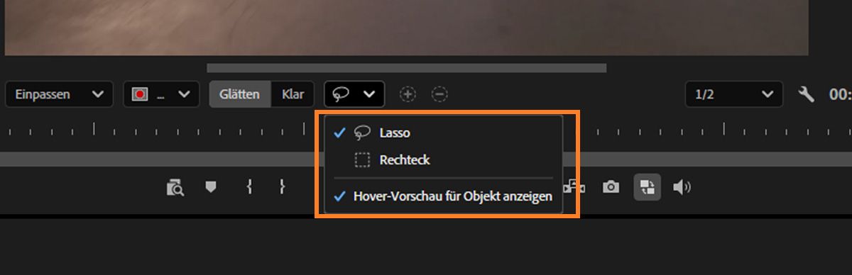 Die Rechteck- und Lasso-Werkzeuge sind hervorgehoben, um bei der Objektauswahl zu helfen, und die schwebende Vorschau ist aktiviert, um schnellere und präzisere Auswahlen im Programm-Monitor zu ermöglichen.