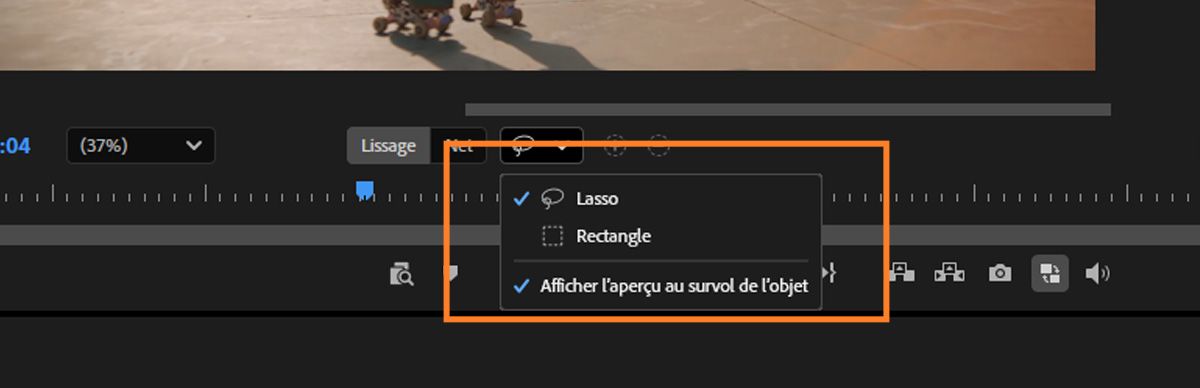 Les Outils Rectangle et Lasso sont mis en surbrillance pour faciliter la sélection d'objets, et la fonctionnalité d'aperçu au survol est activée pour permettre des sélections plus rapides et plus précises dans le Moniteur du programme.