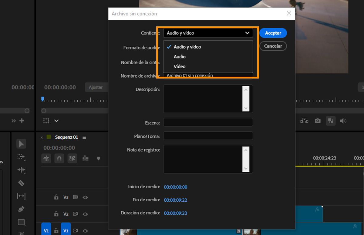 Diálogo Archivo sin conexión con el menú Contiene expandido para mostrar las opciones Audio y vídeo, Audio y Vídeo.