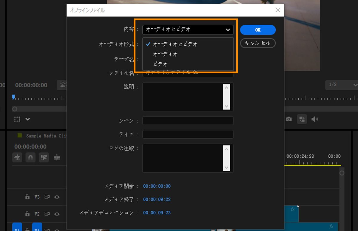 「オーディオとビデオ」、「オーディオ」、「ビデオ」のオプションが表示された「次を含む」メニューがある「オフラインファイル」ダイアログ。