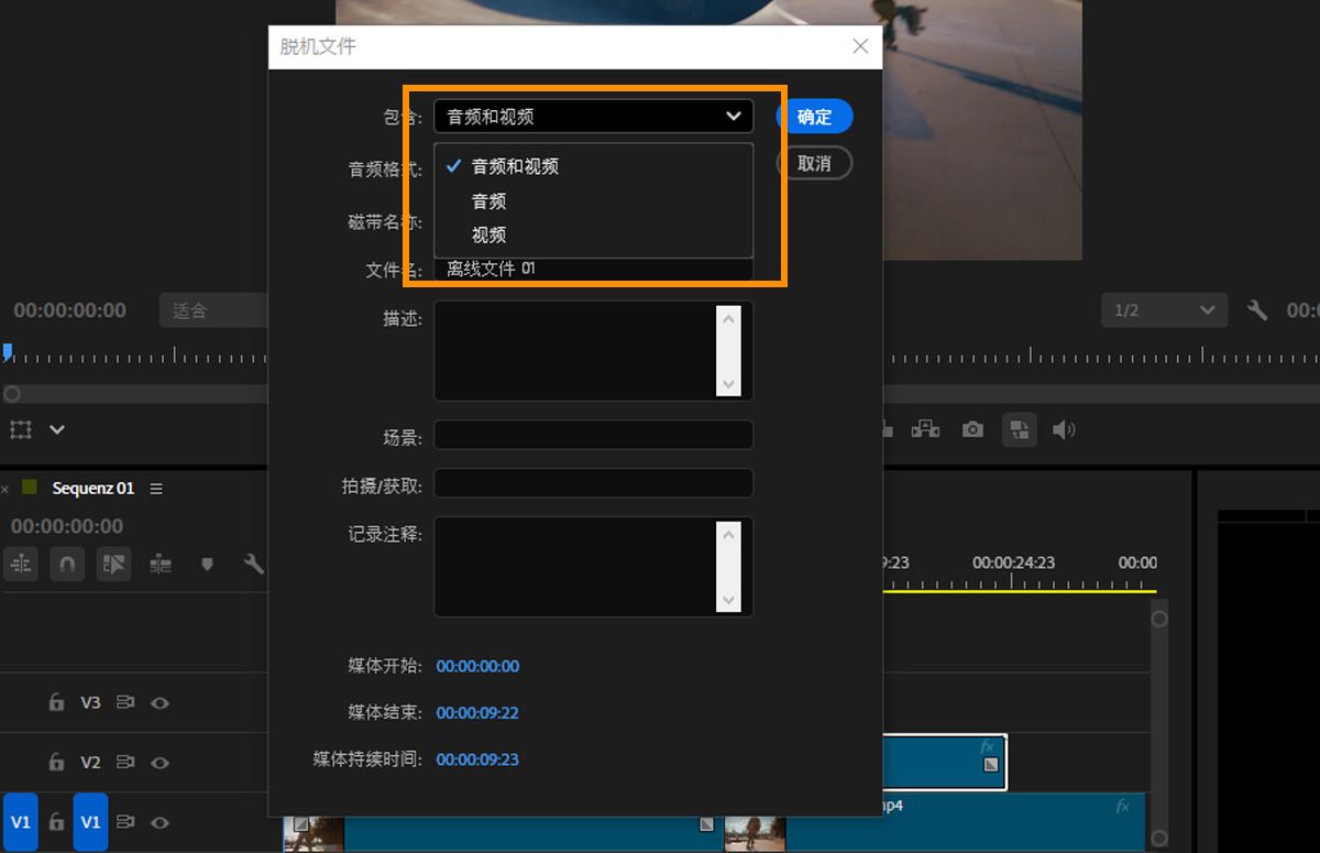 “离线文件”对话框中，“包含”菜单已展开，显示 “音频和视频”、“音频” 和 “视频” 选项。
