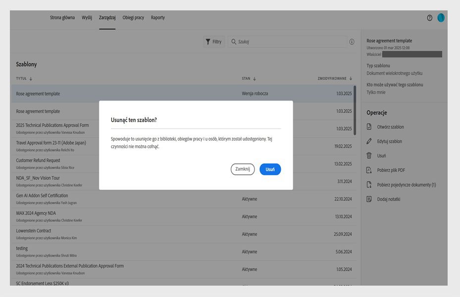 Usunąć ten szablon? W oknie dialogowym potwierdzenia wyświetlane jest ostrzeżenie, że szablon zostanie trwale usunięty z konta.