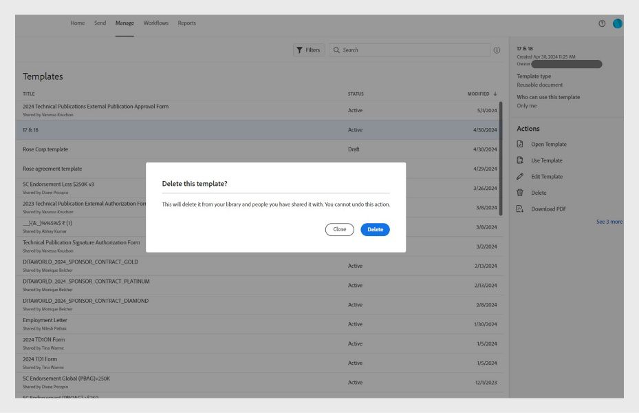 I-delete ang template na ito? nagpapakita ang confirmation dialog ng babala na permanenteng matatanggal ang template sa account mo.