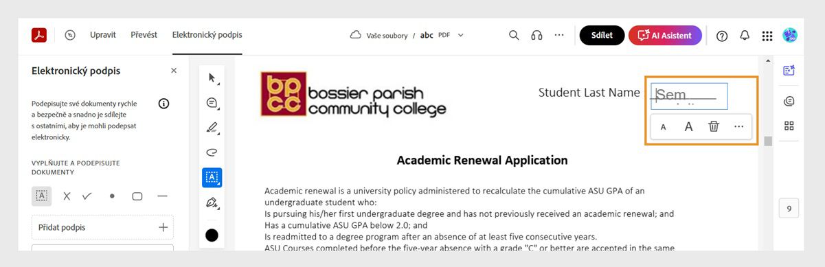 Dokument je otevřen pomocí nástrojů elektronického podepisování v levém podokně. Nástroj textový rámeček zobrazuje pole pro zadávání textu a nástrojů pro formátování textu. 