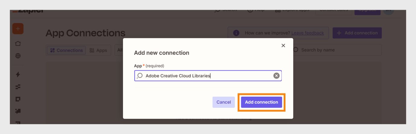 Typ 'Adobe Creative Cloud Libraries' in het veld App search in het dialoogvenster 'Add new connection'. Selecteer vervolgens de blauwe knop 'Add connection' in de rechterbenedenhoek van het dialoogvenster.