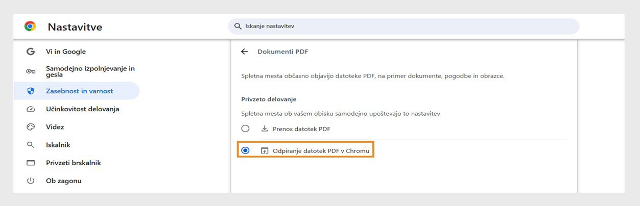V nastavitvah brskalnika Chrome so prikazane možnosti za določitev privzetega delovanja brskalnika. Možnost »Odpri PDF-je v brskalniku Chrome« je označena.