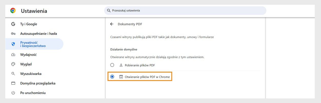 W ustawieniach Chrome wyświetlane są opcje określające domyślne zachowanie przeglądarki. Opcja „Otwórz pliki PDF w przeglądarce Chrome” jest podświetlona.