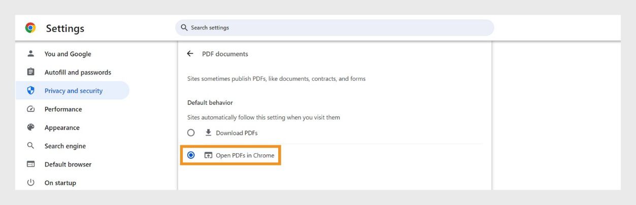 Nagpapakita ang Chrome setting ng mga option para tukuyin ang default behavior ng browser. Naka-highlight ang option na 'Open PDFs in Chrome'.