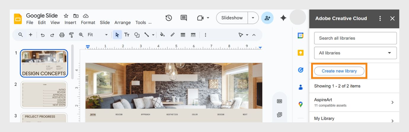 On any Google Workspace, select the Create new library button (highlighted in blue color) below the All libraries dropdown on the right panel to create a new library.