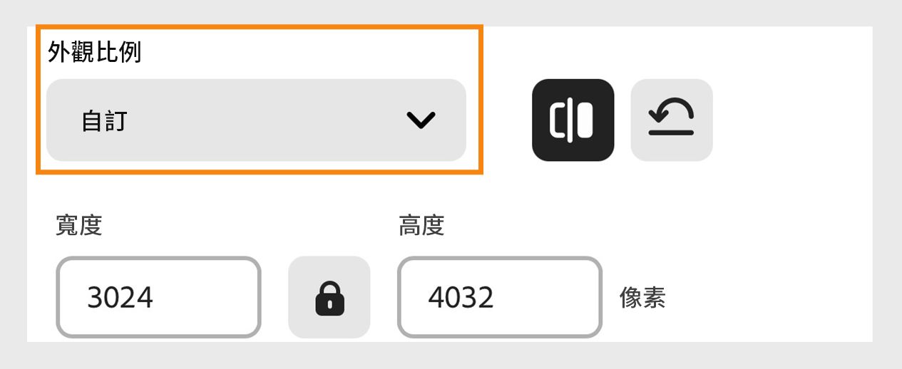 在「調整影像大小」畫面上，在「外觀比例」下拉式選單下選取所需的大小來調整影像大小，並在「寬度」和「高度」文字方塊中輸入像素尺寸。 