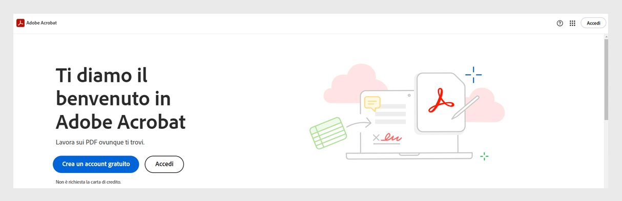 La pagina di accesso ad Acrobat sul web mostra le opzioni per accedere al tuo account Adobe Acrobat o per creare un account gratuito.